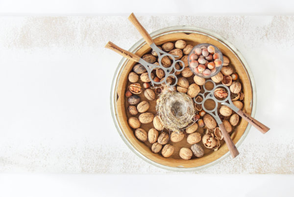 the ore nutcracker - notekraker- op een ehouten schaal met noten en lichte ondergrond